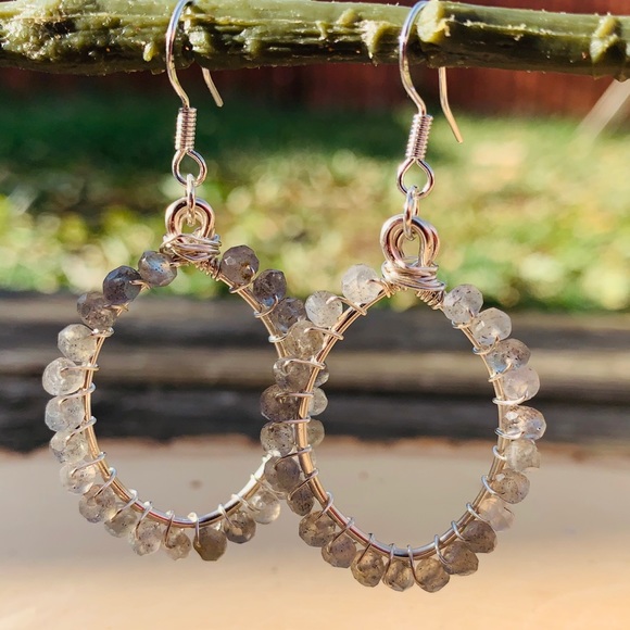 Labradorite Flash Gemstone Sterling Hoop Earrings - Picture 2 of 7